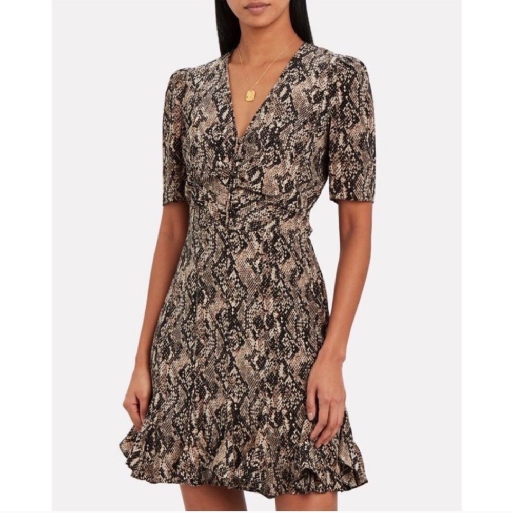 VERONICA BEARD Ried Short Sleeve VNeck Ruffle Hem Silk Dress Sz 6 Snake Print